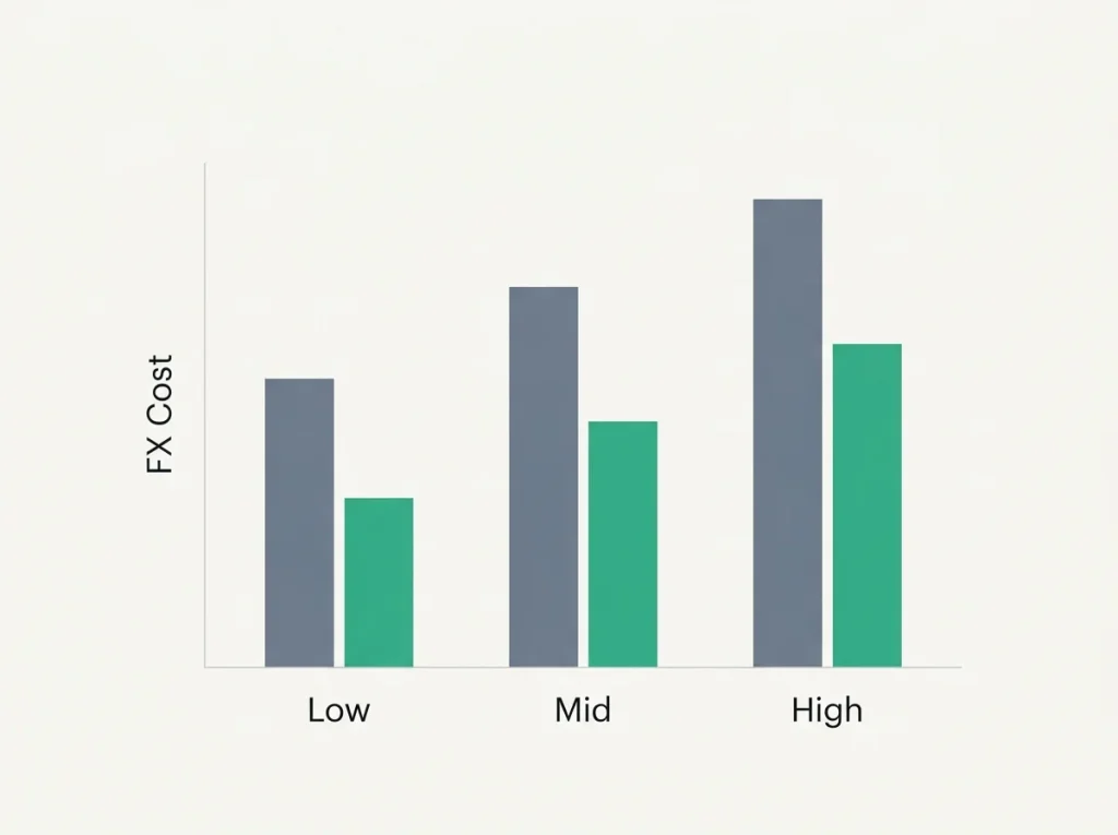 Bar chart showing FX cost difference between Gold and Platinum across high monthly cross-currency volumes