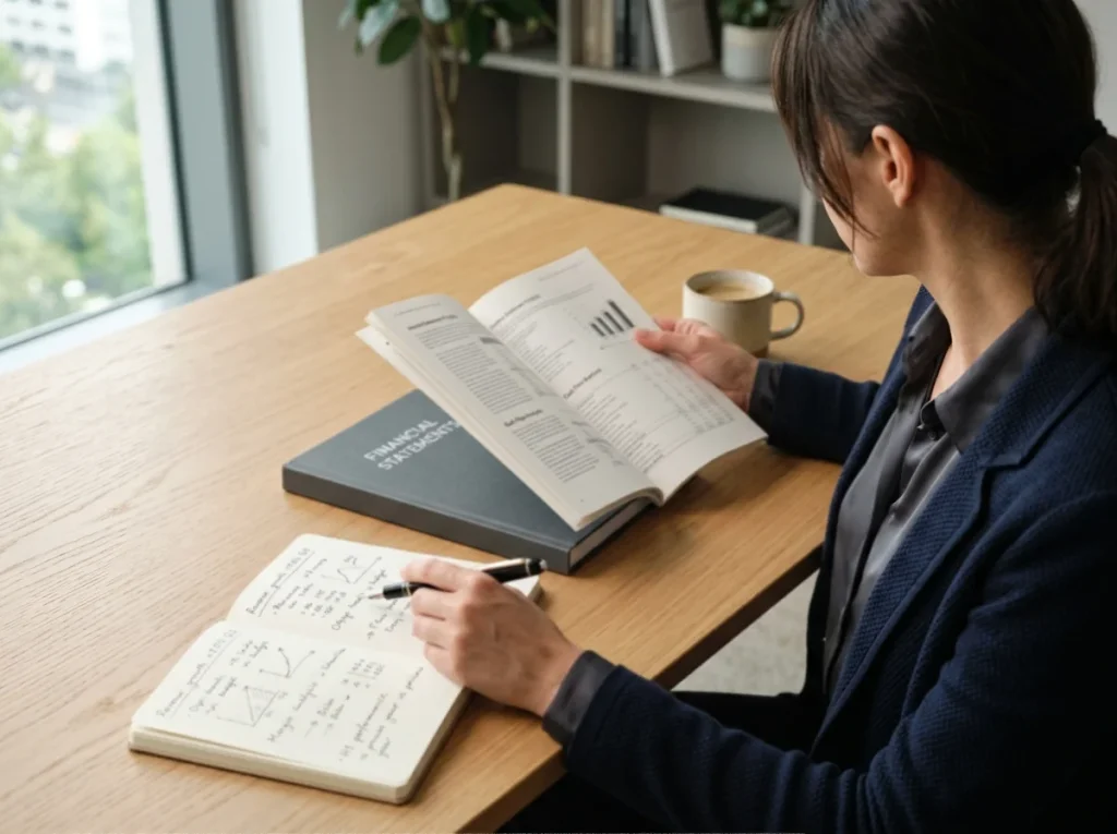 Independent analyst reading PSI-Pay Ltd published financial statements at a desk in a quiet office