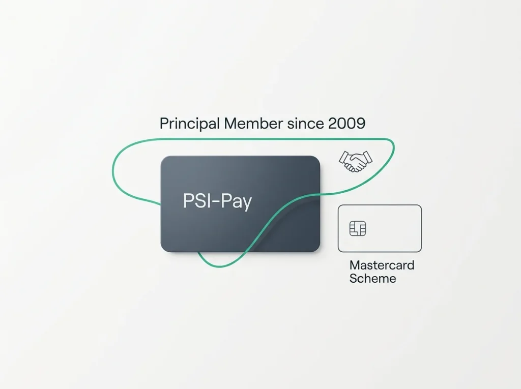 Editorial illustration highlighting PSI-Pay's Mastercard Principal Member status since 2009