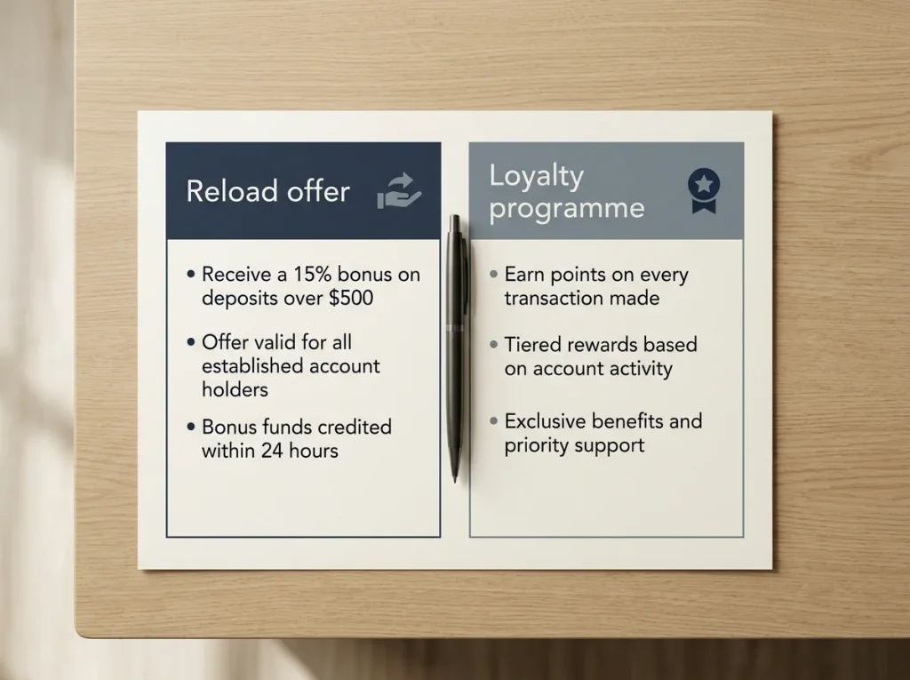 Split panel illustrating a deposit-triggered reload offer card next to a tier-status loyalty card