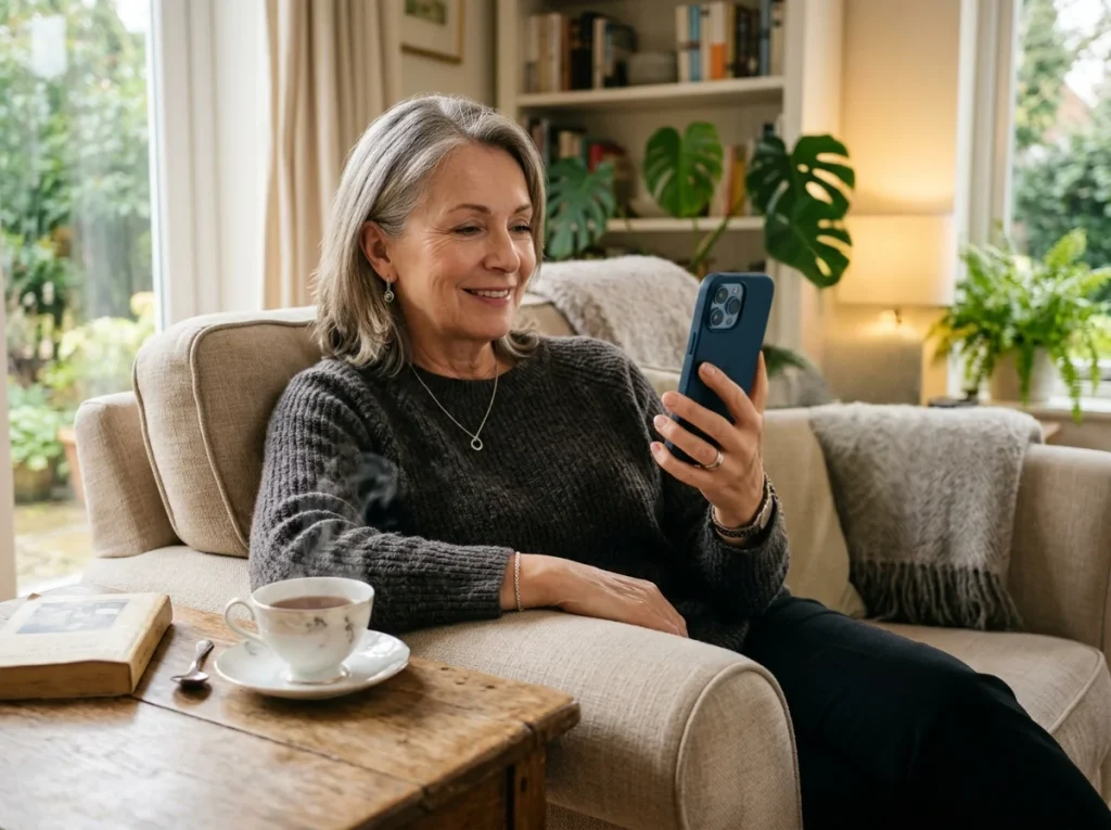 Older British bingo player relaxing at home with phone showing a quiet online bingo room session