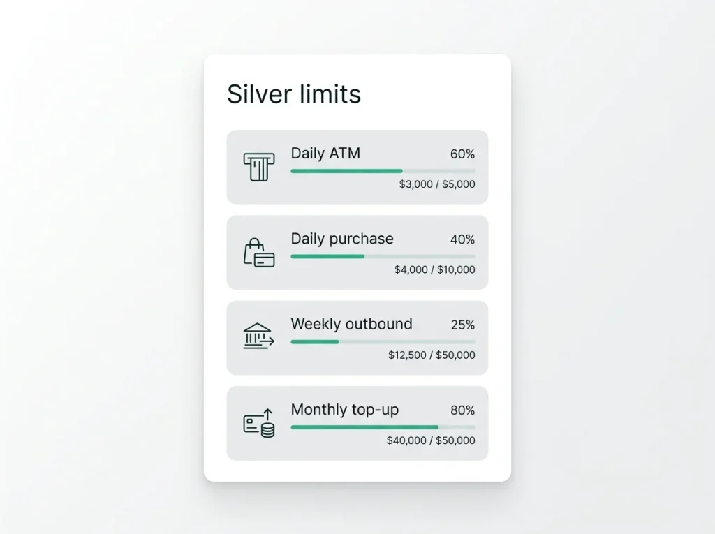 Data panel showing Silver tier daily ATM purchase and weekly limit categories without exact figures