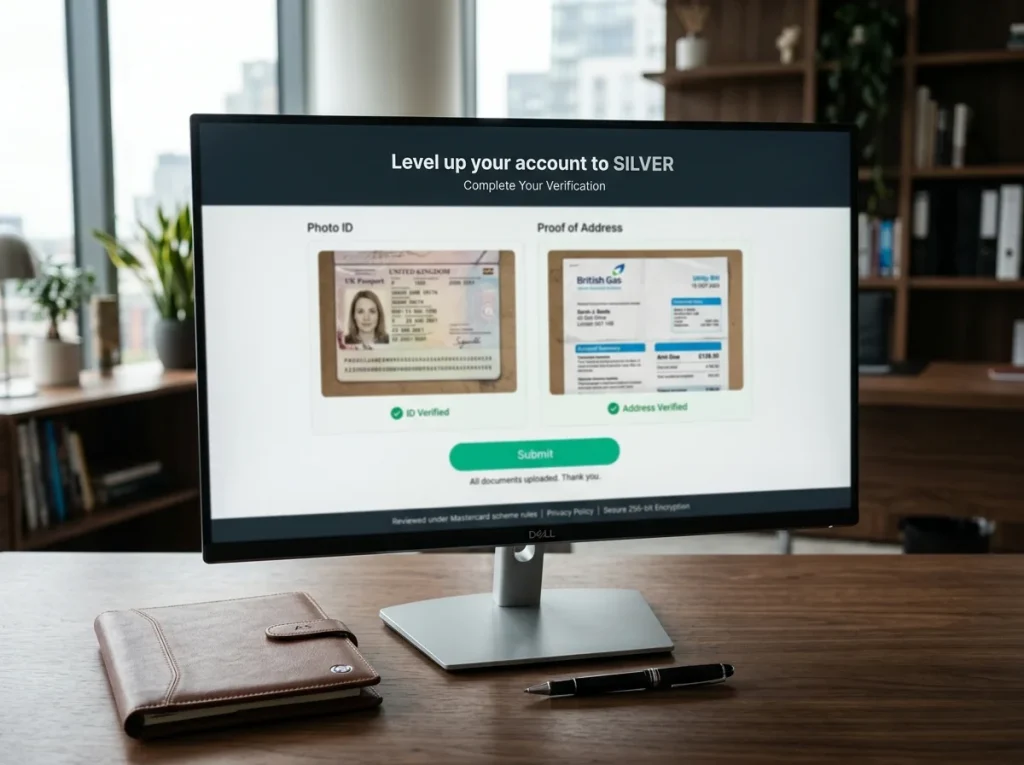 Desktop screen with Payz tier upgrade upload prompts for photo ID and proof of address