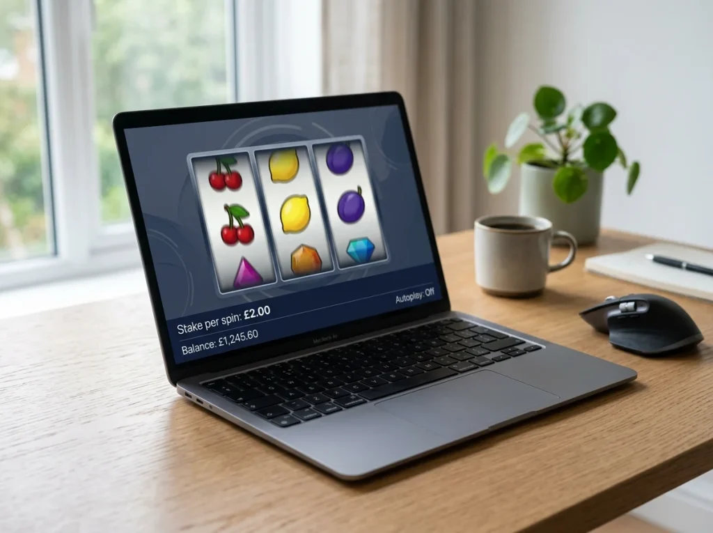 Online slot reels mid-spin on a laptop screen with a maximum-stake indicator at the bottom