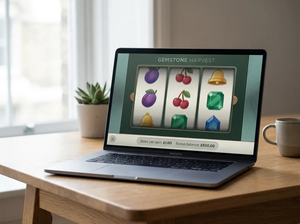 Online slot reels mid-spin shown on a laptop with a five-pound stake indicator displayed below