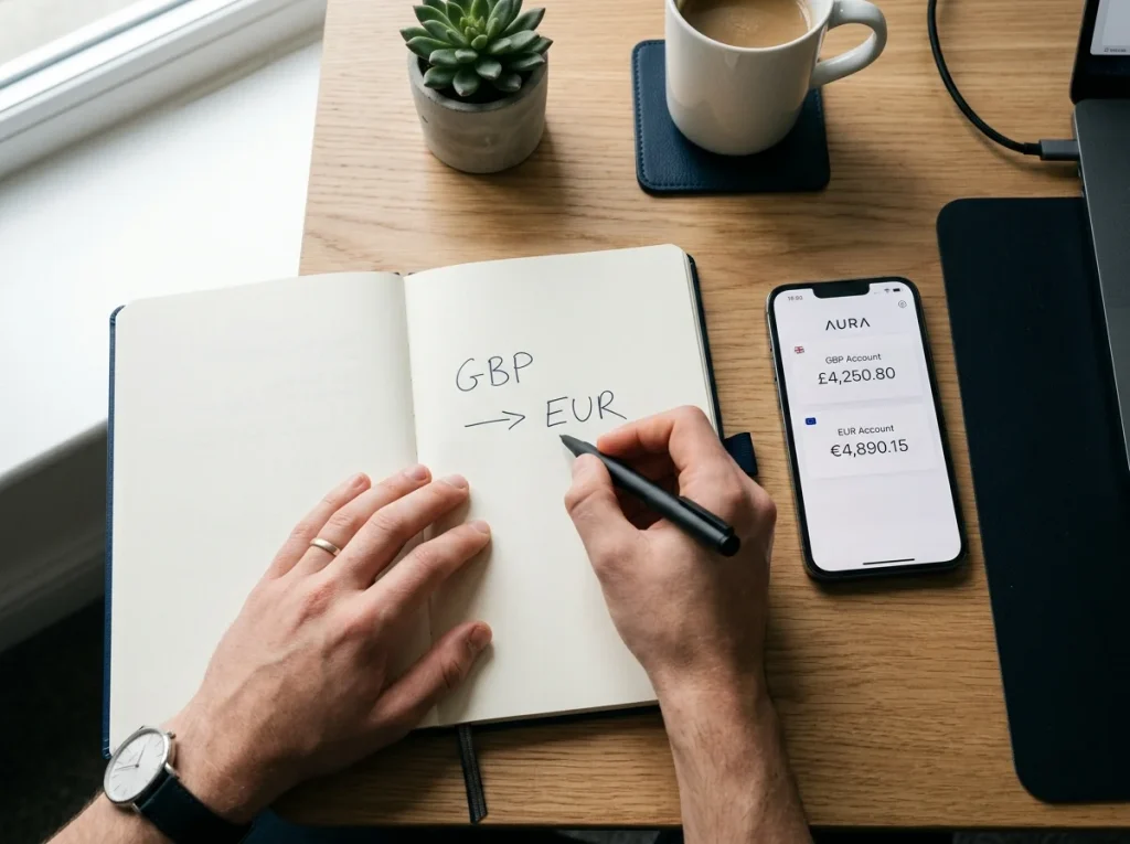 Hands writing currency-segment notes in a notebook with a smartphone showing a GBP-EUR rate