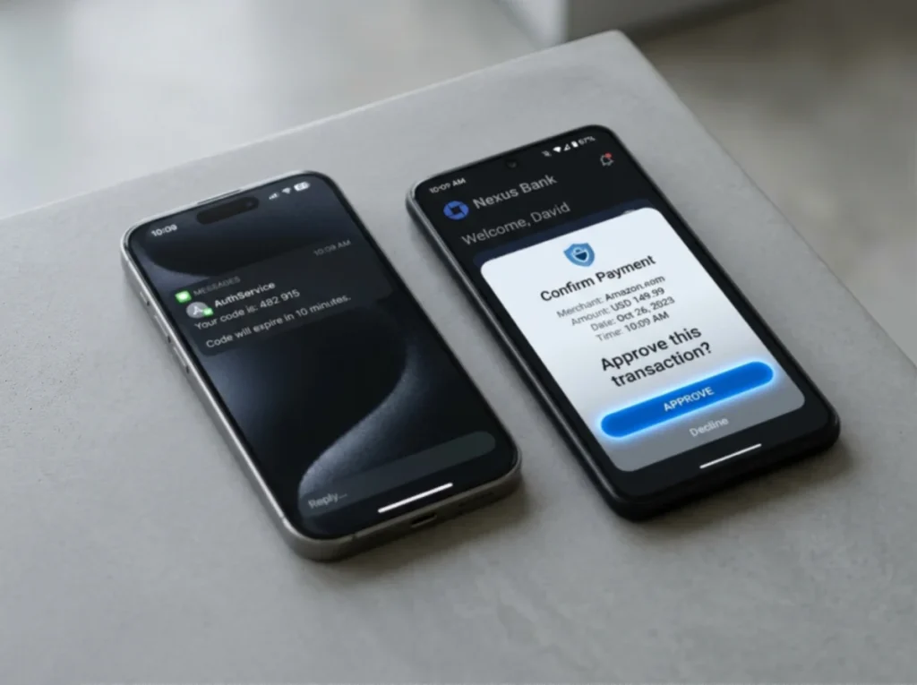 Side-by-side comparison of SMS code and bank authenticator app push prompt for 3D Secure authentication