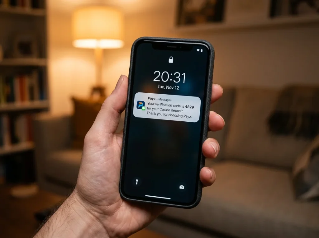 Smartphone receiving an SMS verification code from Payz during a UK casino deposit authentication step