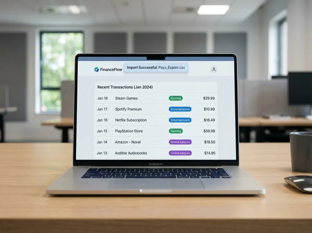 Desktop personal finance application importing a Payz CSV export with gambling outgoings tagged by category