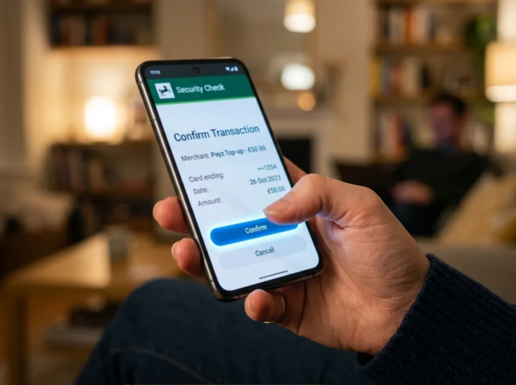 Smartphone showing a 3D Secure challenge prompt during a Payz top-up funding a UK casino deposit