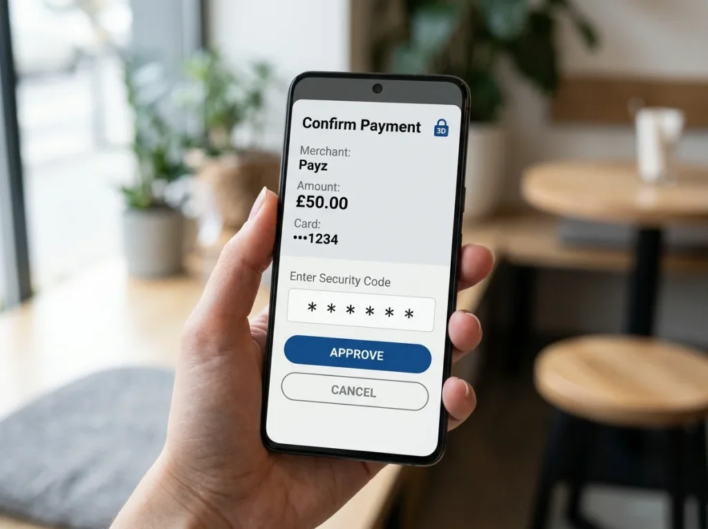Smartphone displaying a 3D Secure challenge screen sent by a UK bank during a Payz card top-up