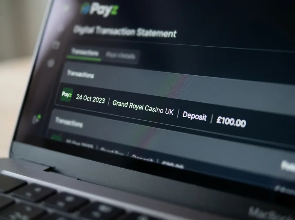 Close-up of a Payz statement line item showing date, merchant descriptor and amount for a UK casino deposit