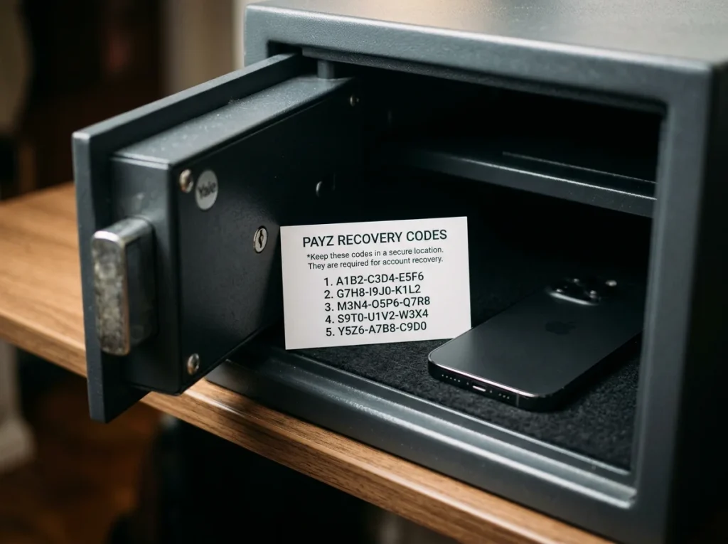 Printed recovery codes and backup phone in a small safe for restoring Payz two-factor authentication access