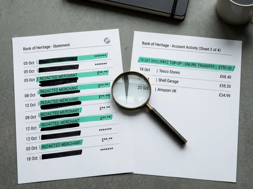 Illustration contrasting a bank statement line for direct casino spend versus a single Payz top-up entry