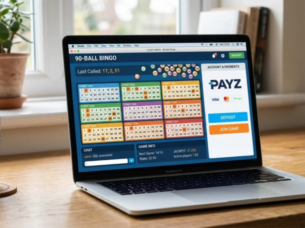 Online 90-ball bingo room interface at a UKGC-licensed British operator with Payz selected as deposit method