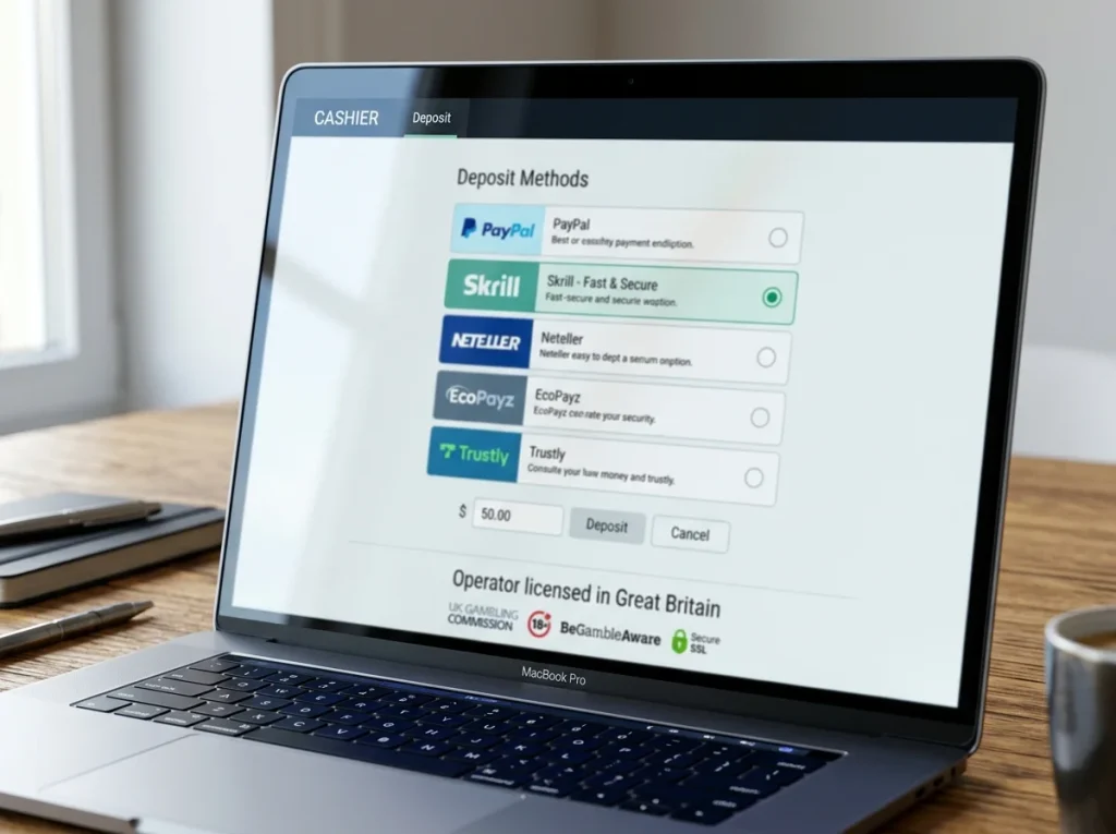 UK online casino cashier screen listing e-wallet payment options including Payz and PayPal