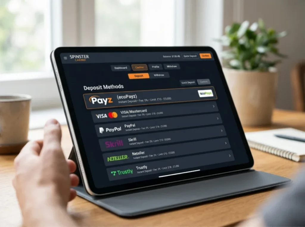 UK casino cashier on tablet listing payment methods with Payz shown alongside legacy ecoPayz label