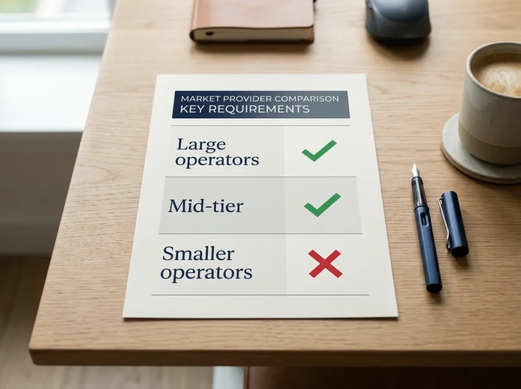 Horizontal comparison band showing large, mid-tier and small UK operator categories with bonus icons