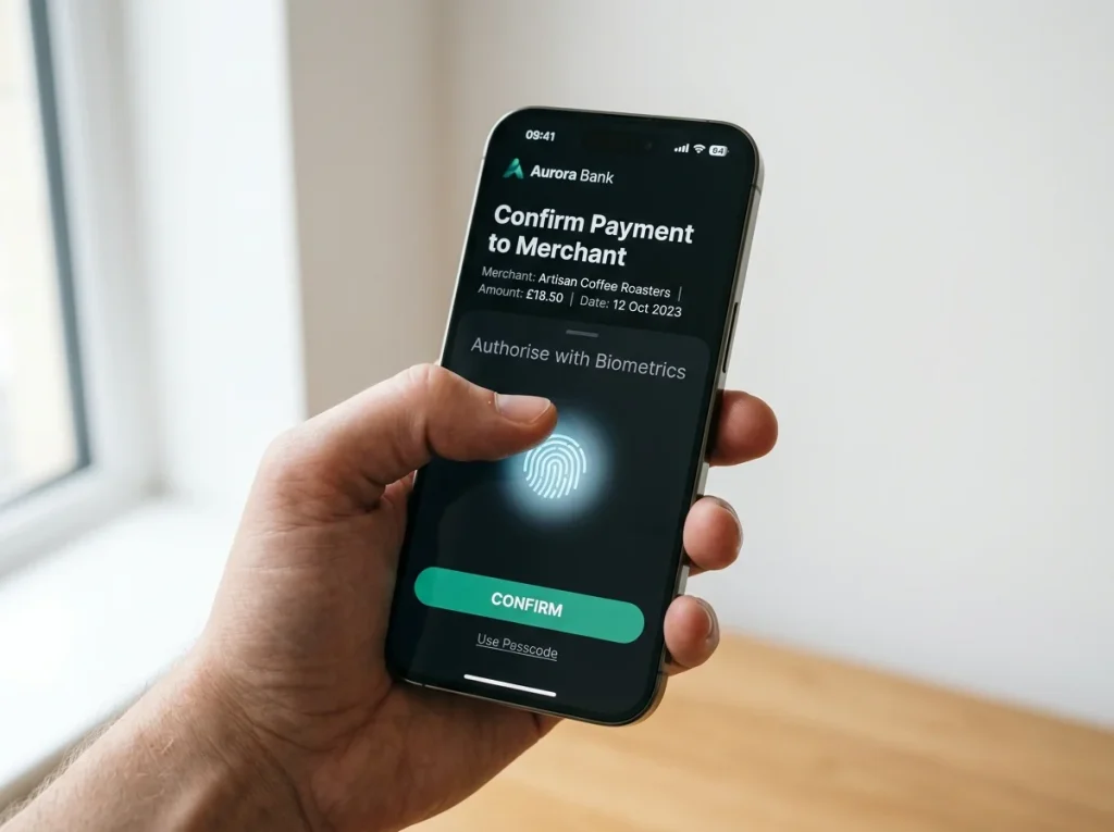 British smartphone showing a banking app authorisation step during a Pay-by-Bank casino deposit