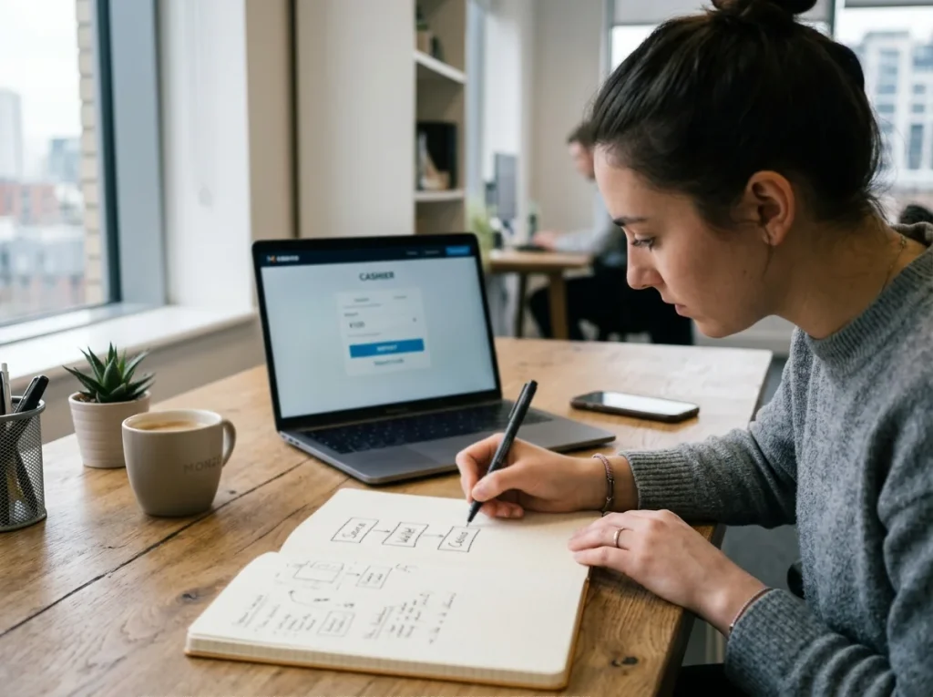 Person sketching a deposit-route plan in a notebook with a laptop showing a GBP casino cashier