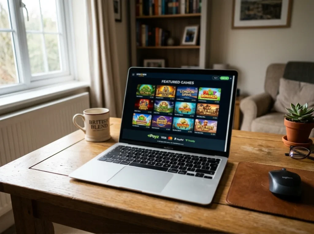 Online slot lobby on a British casino platform showing diverse game tiles funded with Payz wallet