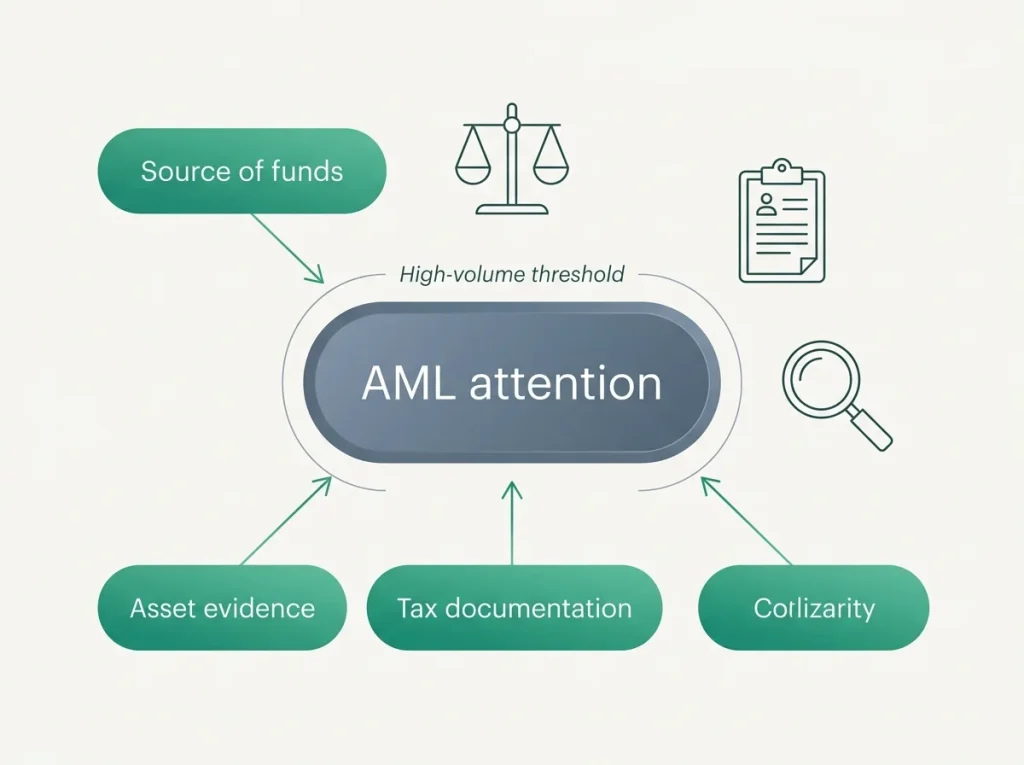Editorial illustration of UKGC enforcement focus on AML controls at high-volume gambling accounts