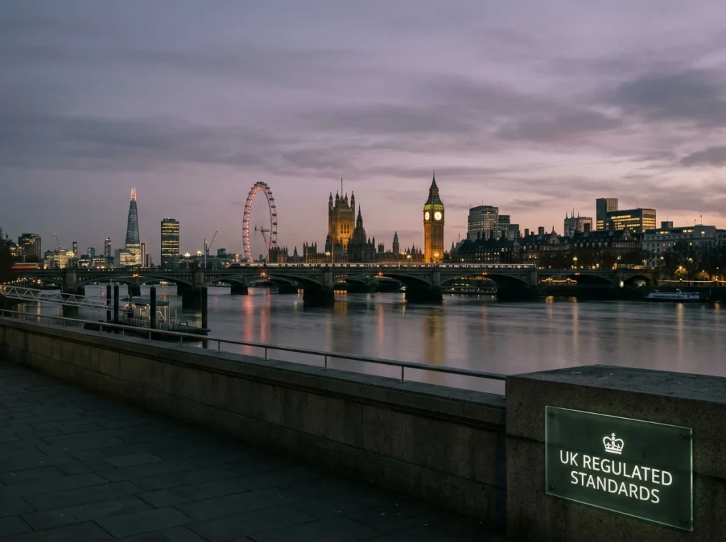 UK skyline representing the British online casino market regulated by the UK Gambling Commission