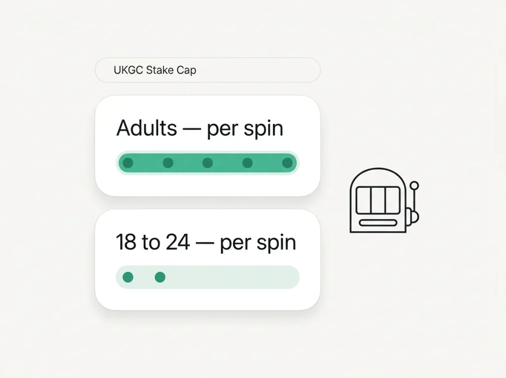 Illustration of the UKGC £5 and £2 per-spin stake cap rules applied at the slot level