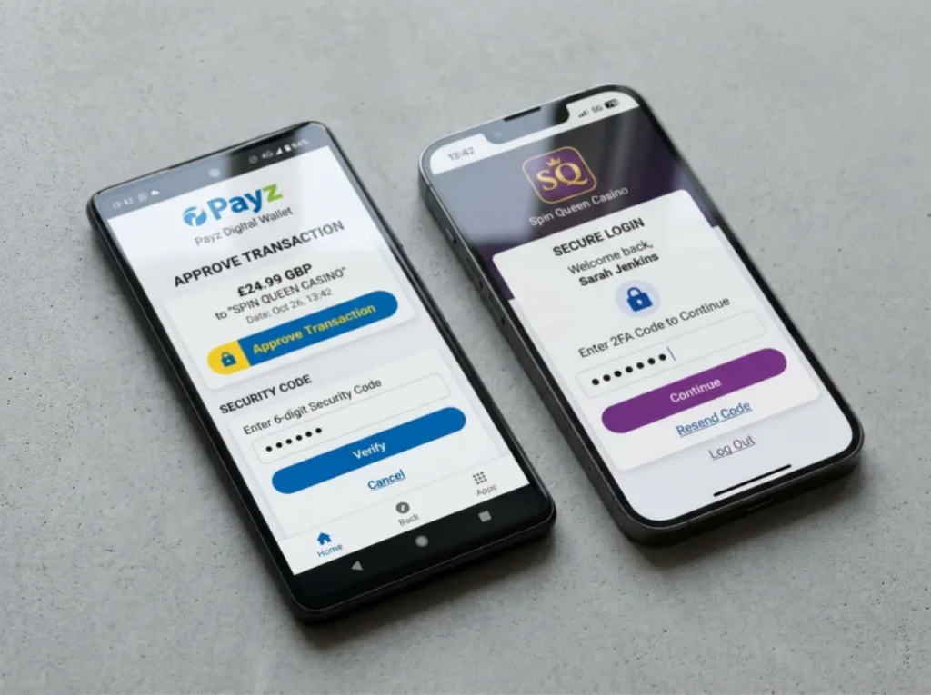 Two phone screens side by side showing Payz wallet 2FA prompt and UK casino account 2FA prompt in sequence