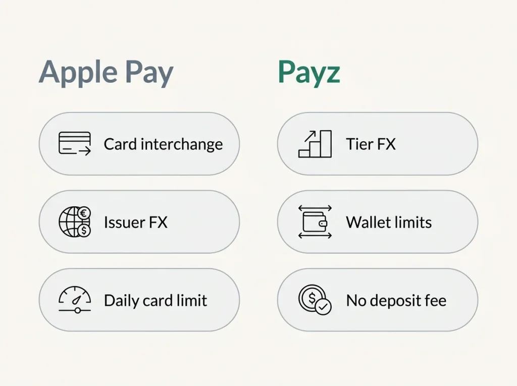 Side-by-side fee structure breakdown showing where Apple Pay and Payz costs originate