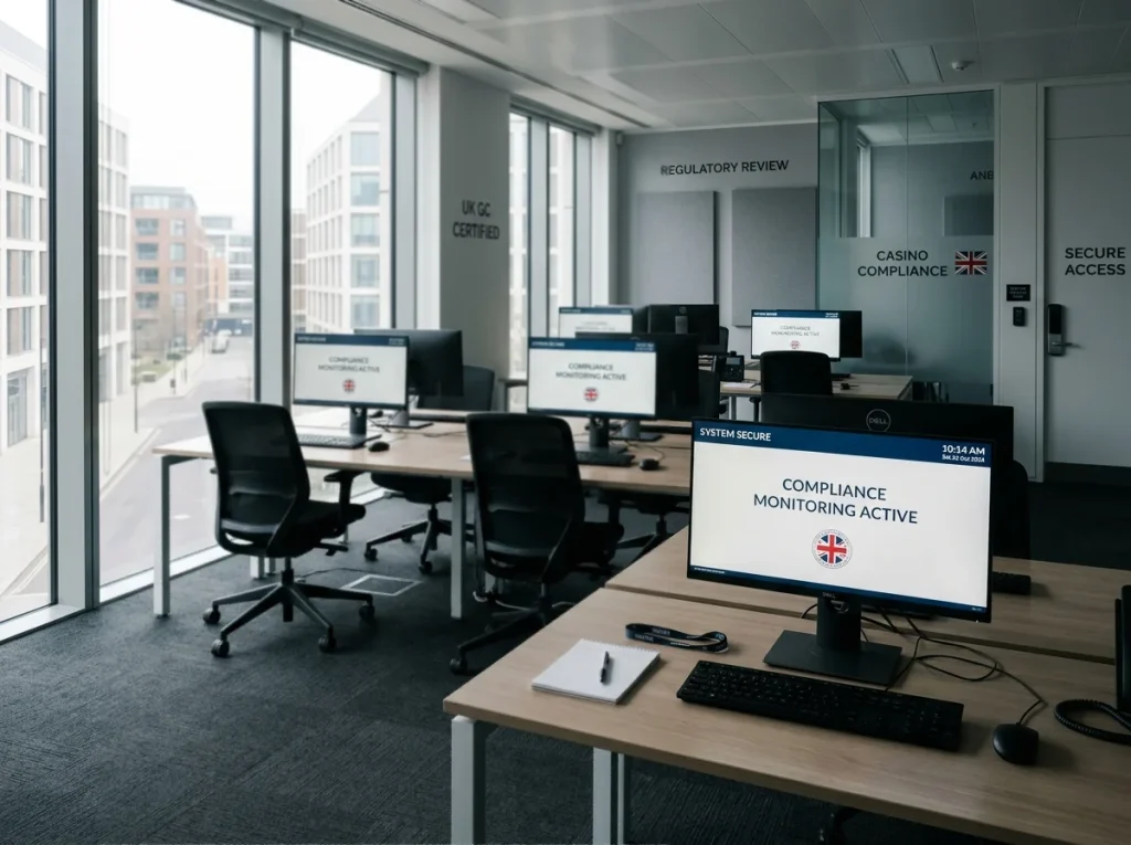 Empty UK casino compliance office on a Saturday with monitors idle during the weekend review pause