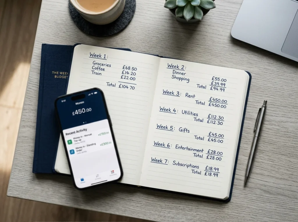 Notebook page with handwritten weekly FX-cost entries and a smartphone showing a wallet balance